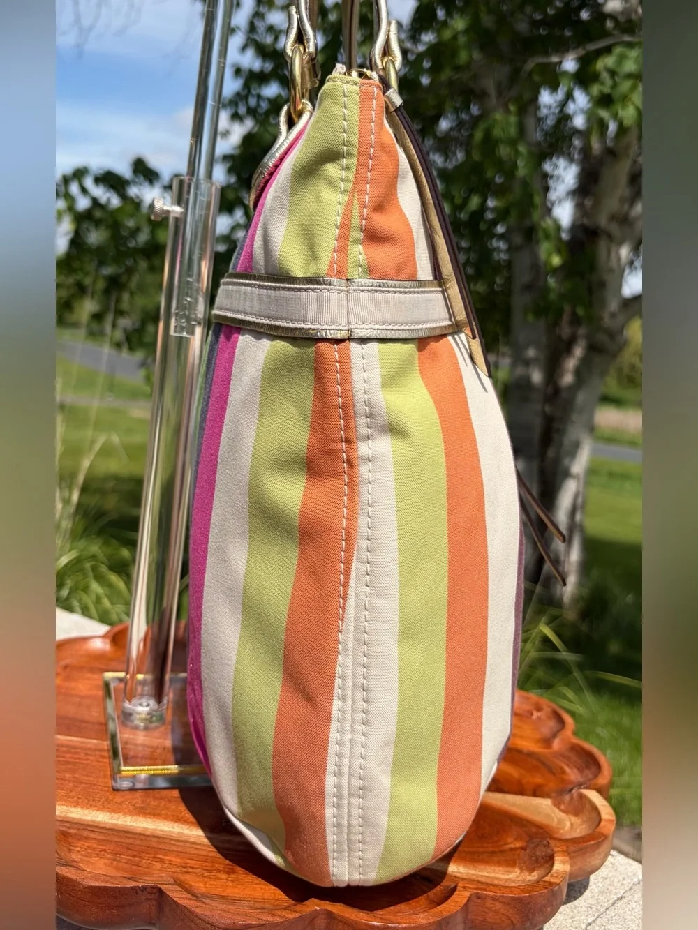 Coach Poppy Glam Tote Legacy Stripe Sequin 19021 Like New